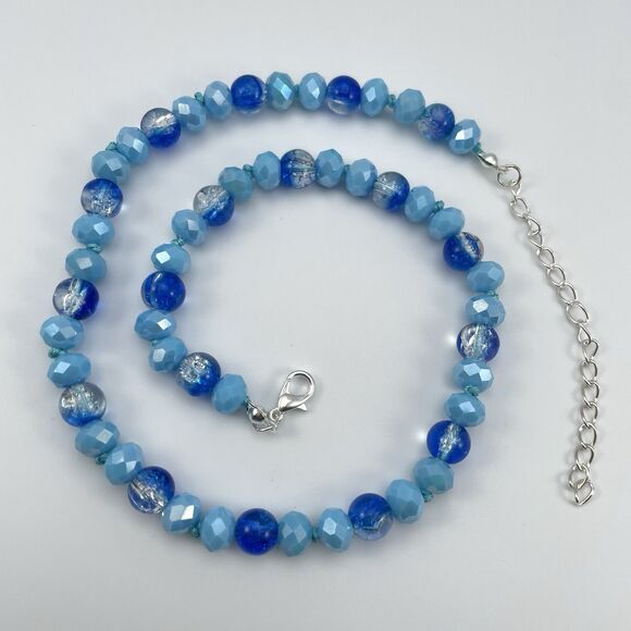 Hand Knotted Blue Crackle Glass Beaded Choker Necklace Artisan New Boho Cute - Picture 2 of 7